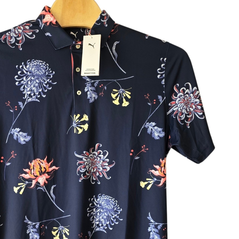 Puma Golf MATTR Dahlia Polo Mens XL Deep Navy Blue Floral Shirt 628827 01 NEW